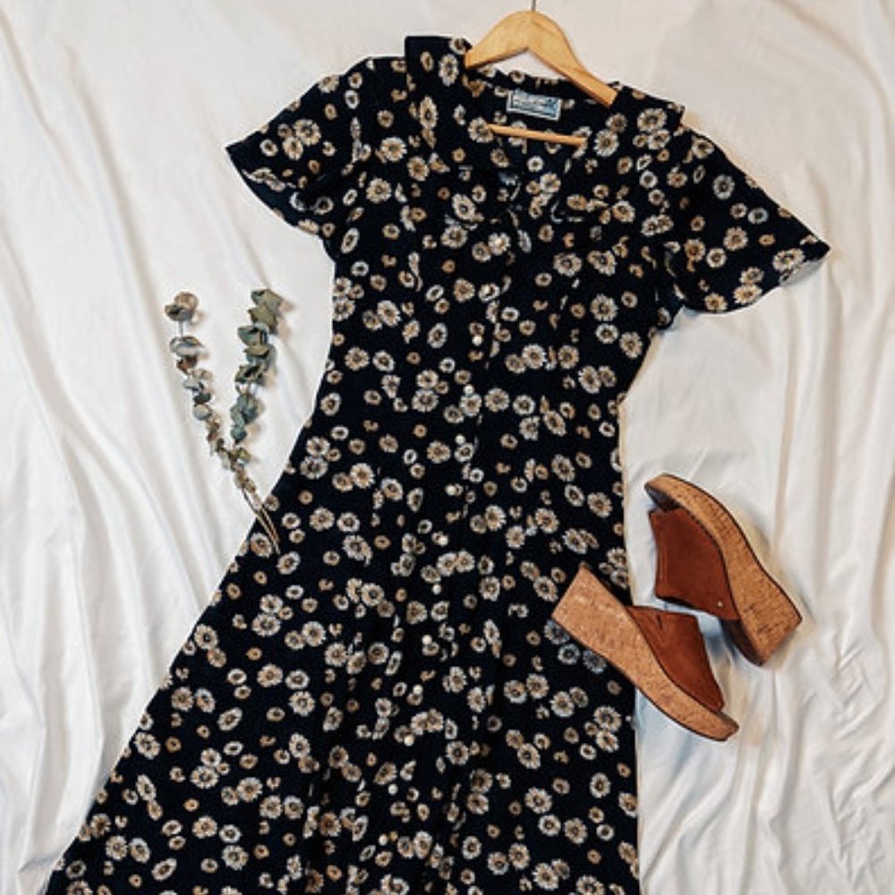 vintage flutter sleeve floral maxi 1990s dress